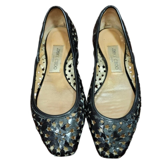 Jimmy Choo Laser Cut Pointed Toe Flats Black Patent Leather Shoes Size 36.5 - Picture 2 of 12